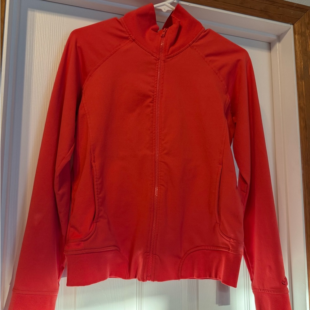Vibrant orange Zip-Up yoga Jacket with gold embroided back design